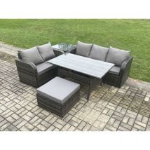 Fimous - Terrassenmöbel Set Polyrattan Langer rechteckiger Esstisch und Lounge Sofa set mit Beistelltisch Großer Fußhocker Dunkelgrau gemischt