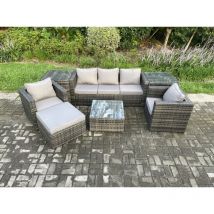 Fimous 7 Pièces Mobilier de jardin extérieur en rotin avec Fauteuil 2 Tables d'appoint Table basse carrée grand tabouret Mélange gris foncé