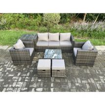 7 Pièces Mobilier de jardin extérieur en rotin avec Fauteuil Tables d'appoint Table basse carrée 2 Petits poufs Mélange gris foncé - Fimous