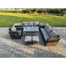 Fimous - Wicker 8 Stücke Polyrattan Gartenmöbel set mit Rechteckiger Esstisch Sessel 2 kleine Fußhockern 2 Beistelltischen Dunkelgrau Gemischt