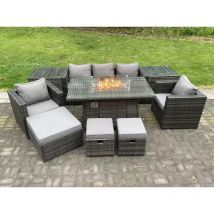 Fimous - Wicker pe Rattan Garden Furniture Set Gas Fireplace Dining Table Gas Heater Burner with 2 Armchairs 2 Side Tables 8 Seater Dark Grey Mix