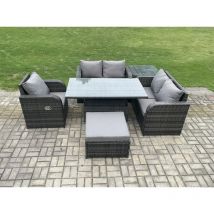 Salon de jardin en rotin avec Table à manger réglable en hauteur Love Sofa avec Chaises inclinable Tables d'appoint grand tabouret - Fimous