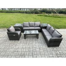 Fimous Wicker PE Rattan Sofa Set 7 Seater Outdoor Patio Garden Furniture Set with 2 Side Tables Reclining Chairs Coffee Table Dark Grey Mixed