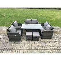 Wicker Polyrattan Möbel Garten Dining Set im Freien Höhenverstellbare aufsteigende Tabelle Liebe Sofa Stühle mit Fußhockern - Fimous