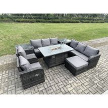 Wicker Rattan Garden Furniture Set Gas Fire Pit Dining Table Indoor Outdoor with 2 Side Tables Chair Loveseat Sofa Big Footstool - Fimous