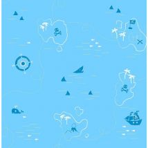 Fine Decor - Shark Pirate Treasure Map Wallpaper Boys Blue White Compass