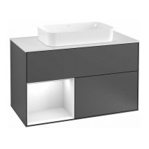 Villeroy&boch - Finion, Muebles de baño, 1000 x 603 x 501 mm, Angular, con estantería (iluminada), modelo suspendido, De madera, lavabo en el medio,