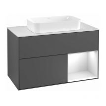 Finion, Muebles de baño, 1000 x 603 x 501 mm, Angular, con estantería (iluminada), modelo suspendido, De madera, lavabo en el medio, iluminación led,