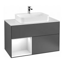 Villeroy&boch - Finion, Muebles de baño, 1000 x 603 x 501 mm, Angular, con estantería (iluminada), modelo suspendido, En madera, lavabo en el medio,