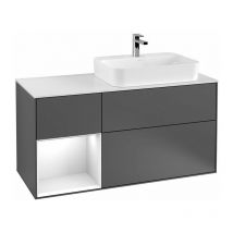 Villeroy&boch - Finion, Muebles de baño, 1200 x 603 x 501 mm, Angular, con estantería (iluminada), modelo suspendido, En madera, lavabo a la derecha,
