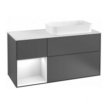 Villeroy&boch - Finion, Muebles de baño, 1200 x 603 x 501 mm, Angular, con estantería (iluminada), modelo suspendido, En madera, lavabo a la derecha,
