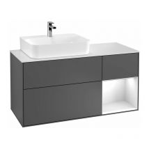 Finion, Muebles de baño, 1200 x 603 x 501 mm, Angular, con estantería (iluminada), modelo suspendido, En madera, lavabo a la izquierda, iluminación