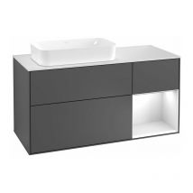 Finion, Muebles de baño, 1200 x 603 x 501 mm, Angular, con estantería (iluminada), modelo suspendido, En madera, lavabo a la izquierda, iluminación