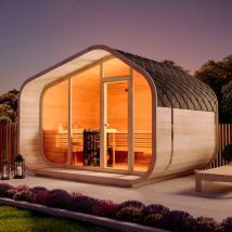 Sauna Tonneau Finntherm Scandicube Wave Premium Naturel , 42 Mm Épaisseur De Paroi 380 X 286 Cm