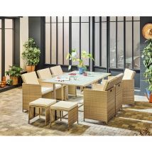 Fira - Gartenmöbel - Ineinanderschiebbar Aus Geflochtenem Polyrattan Beige - 10 Plätze - Beige Kissen + Schutzhülle - Beige