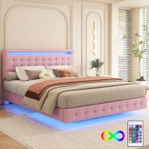 Flachbett 140200cm, Led-ambientelicht, 24-tasten-fernbedienung, Federung, Pu-material, Dreistufige Höhenverstellung Des Kopfteils, Rosa