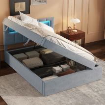 Redom - Flachbett, 90200 cm, gepolstertes Bett, Ambientelicht am Kopfende des Bettes, einseitig zu öffnen, minimalistisches Design, großer Stauraum,