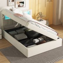 Flachbett, 90200 cm, gepolstertes Bett, Ambientelicht am Kopfende des Bettes, einseitig zu öffnen, minimalistisches Design, großer Stauraum,