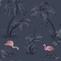 Holden Flamingo Lake Wallpaper Palm Trees Tropical Birds Midnight Blue Pink