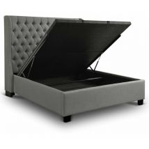 Fleura - Lit capitonné avec coffre de rangement en tissu lin gris 180x200 cm