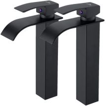 Flkwoh 2pcs Robinet Lavabo Cascade Noir Bec Haut Moderne Mitigeur Robinet Salle Bain Pour Vasque À Poser Robinetterie Convient Pour Le Lavabo Au-