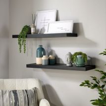 Pair Floating Wall Mounted Storage Shelf Wooden 80cm DVD Bookshelves Matt Black