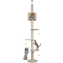 Puluomis - Floor to Ceiling Cat Tree, 4-Tier Cat Tower, 220-260cm Height Adjustable, Climbing Activity Center, with Scratching Post, Cozy Condo,