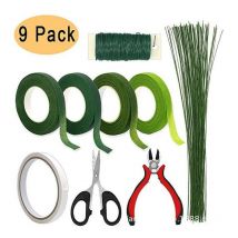 Floral Arrangement Tool Kit, Set 9pcs Florist Green Ribbon, Flower Wire, Cutting Scissors, Green Adhesive, for Bouquet Stem Wrap DIY Gardening Wedding