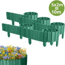 Floranica - 10 m Rasenkante Flexibler Holzzaun 5 tlg 2 m x 10 cm Grün Steckzaun aus Kiefernholz Beeteinfassung Teichzaun Rollboard Erweiterbares