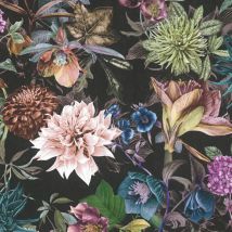Flowers wallcovering wall Profhome 381757 smooth non-woven non-textured wallpaper with floral ornaments matt black pink turquoise blue olive green