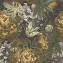 Profhome - Flowers wallcovering wall 385092 hot embossed non-woven wallpaper smooth with floral pattern matt yellow green violet grey 5.33 m2 (57