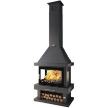 Cheminée à bois en acier, 3 cotés vitrés, bûcher inférieur 15 Kw