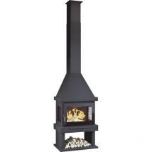 FM - Cheminee a bois en acier, 3 cotes vitres serigraphies, foyer en fonte, bucher et turbines - couleur noir - Made in Spain