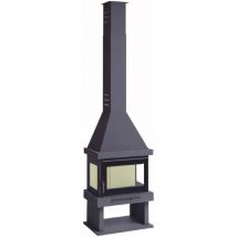 FM - Cheminee a bois en acier, 3 cotes vitres serigraphies, bucher et turbines - couleur noir - Made in Spain