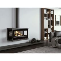 Poele cheminee a suspendre, 3 cotes vitres, avec turbines, foyer en vermiculite, verre serigraphie - couleur noir - Made in Spain