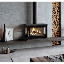 Poele cheminee a suspendre, 3 cotes vitres, avec turbines, foyer en fonte, verre serigraphie - couleur noir - Made in Spain