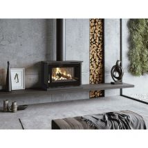Fm Calefaccion - Poele cheminee a suspendre, avec turbines, foyer en vermiculite, verre serigraphie - couleur noir - Made in Spain