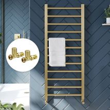 Fnx Bathrooms - Heated Towel Warmer Ladder Radiator Rail - Brushed Brass - 1600mm x 500mm - Straight Valves - Brushed Brass