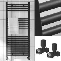 Fnx Bathrooms - 500 x 1400mm Matt Black Heated Bathroom Towel Warmer Ladder Rail Radiator & Straight Radiator Valves - Black