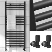 Fnx Bathrooms - 500 x 800mm Matt Black Heated Bathroom Towel Warmer Ladder Rail Radiator & Angled Radiator Valves - Black