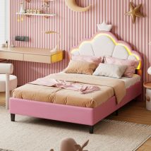 Foerpl-mädchenbett 90 X 200 Cm Mit Kronenförmigem Kopfteil, Einzelbett Für Kinder Mit Verstellbarer Led-beleuchtung, Prinzessinnenbettgestell 