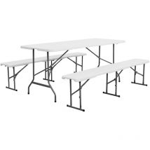 Reception table and bench set, 180cm, foldable, with carrying handle, white plastic - White