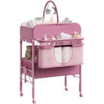 Folding Baby Changing Table W/ 2 Drawers, 4 Heights, Locking Wheels, Safety Belt, Height Measure, Waterproof Pad, Pink