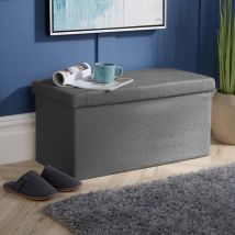 Folding Ottoman Grey Boucle Teddy Bear Fabric Chest Solid Storage Rectangle Box