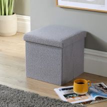 Folding Ottoman Grey Boucle Teddy Bear Fabric Chest Solid Storage Square Box