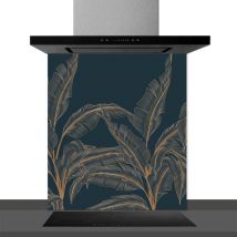 Fond de hotte decorative, palmes vertes bleu 60x70