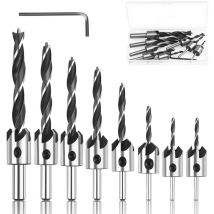 Wood Drill Bit with Countersink, 8 Pieces, hss Steel Tapered Wood Countersink, High Speed Wood Drill Bit with Hex Key, Reamer, Chamfering Tool, 3, 4,