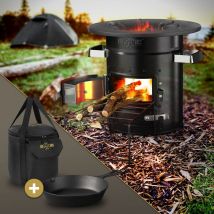 Bbqboss Forno da Campeggio Rocket Stove con Padella e Piastra per Grigliare in Ghisa Forno bbq in Acciaio Nero Stufa a Legna con Supporto per Legna