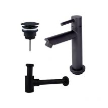 Fortifura - Calvi - Ensemble lave-main avec robinet bas à poser, bonde non obturable et siphon design noir mat
