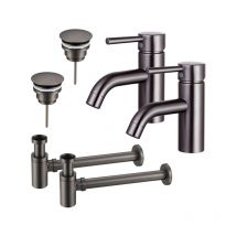Fortifura - Calvi Kit robinet lavabo - pour double vasque - robinet bas - bonde non-obturable - siphon design bas - Gunmetal pvd